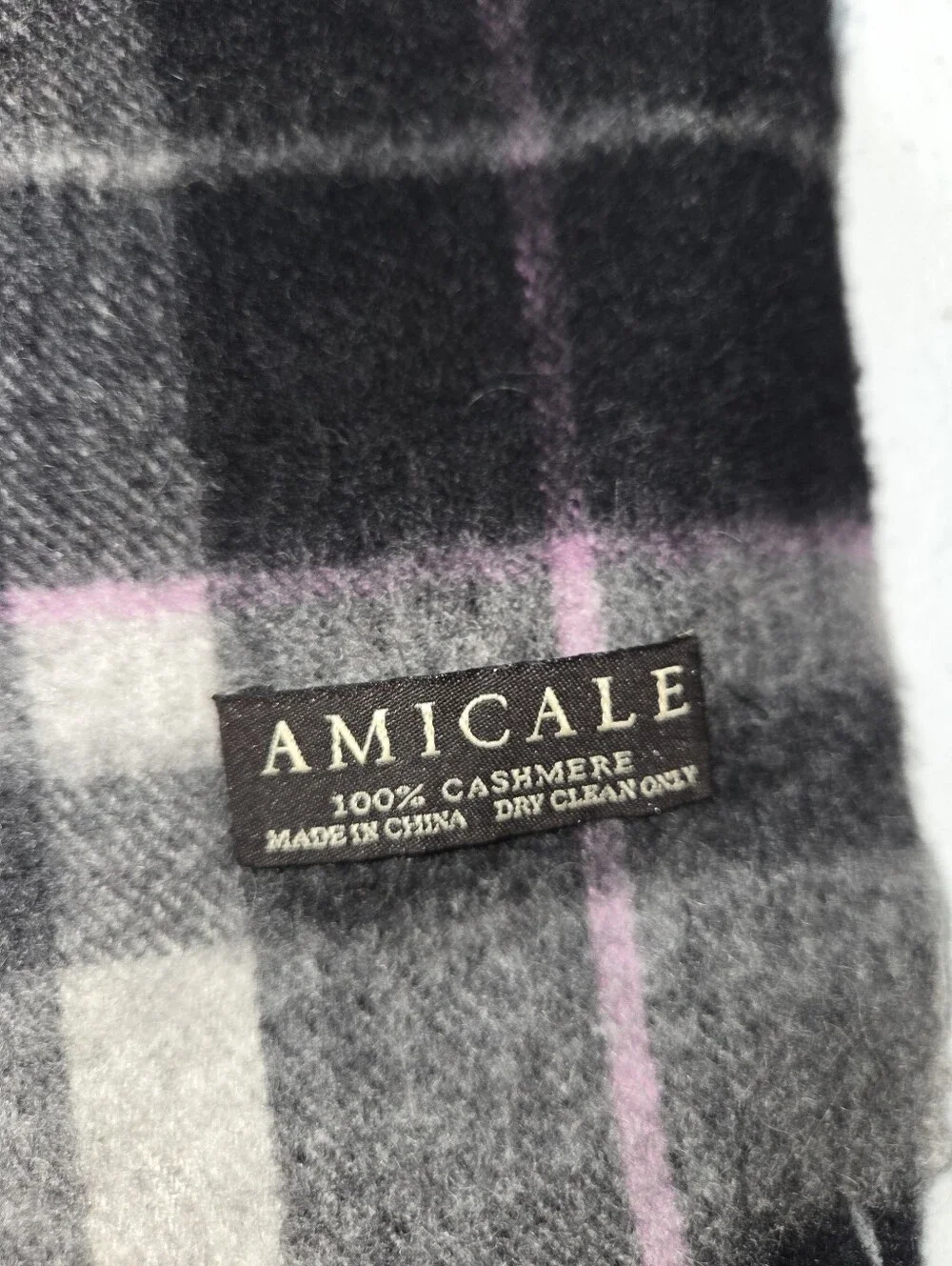 Amicale 100% Cashmere Plaid Scarf Gray Black Pink Luxury Vintage